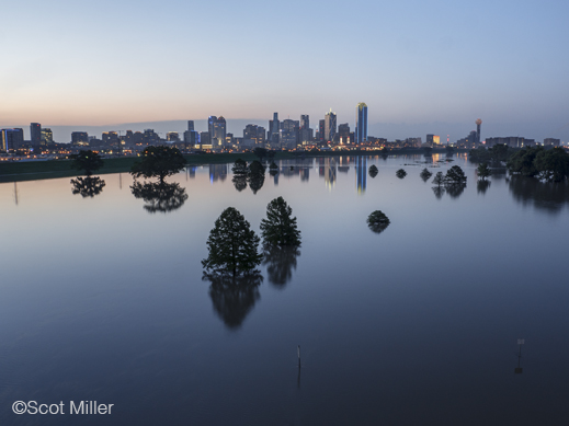 Fine photographic print of downtown dallas and flooded Trinity River by Scot Miller, at Sun to Moon Gallery, Dallas, TX